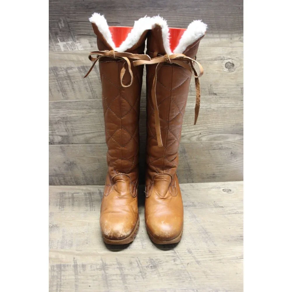 Husky by Bastien women's vintage quilted leather‎ faux fur lined tall boots